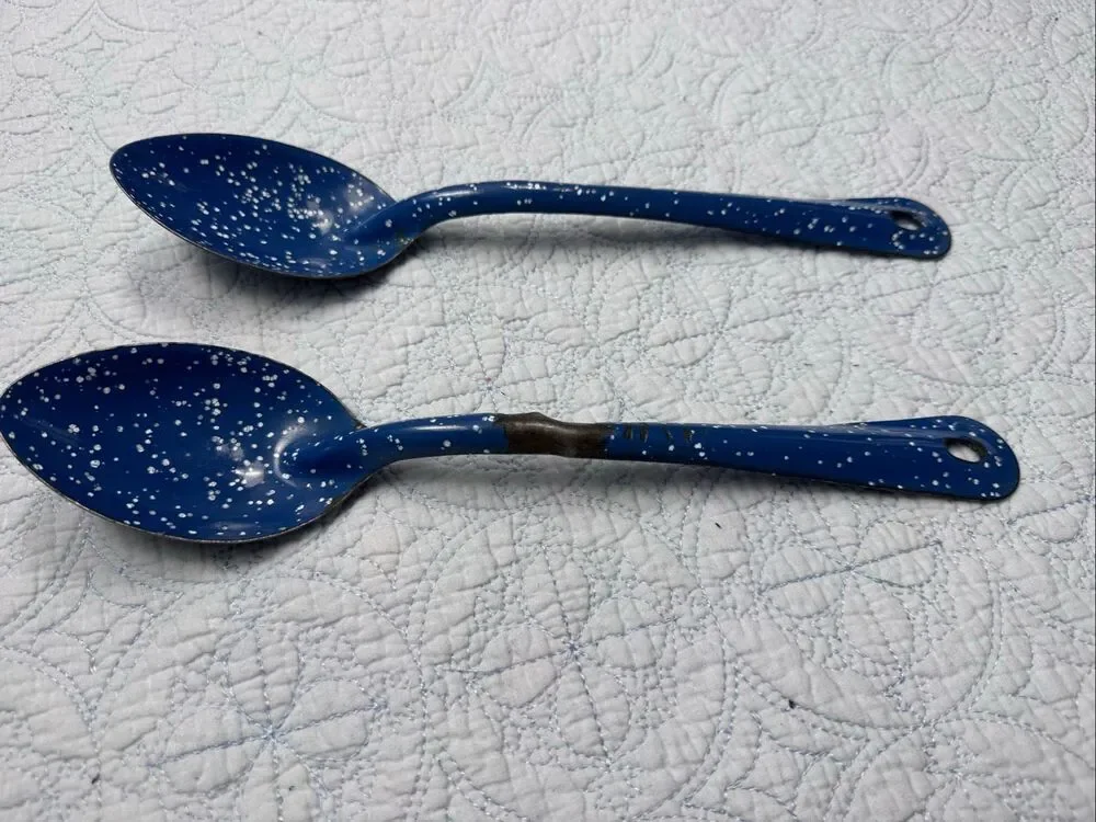 Vintage Blue and White Speckled Enamelware/Graniteware Spoons - Set of 9